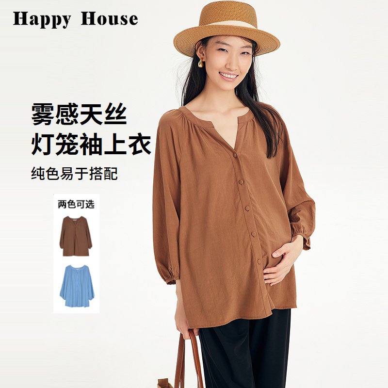快乐屋孕妇上衣春夏2025新款遮屁股长袖娃娃衫灯笼袖孕妇装衬衫春