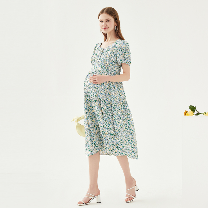 孕婦碎花雪紡復古哺乳連衣裙