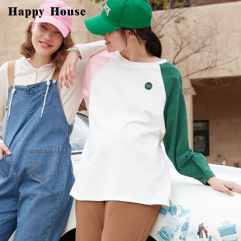 快乐屋孕妇撞色上衣2026新款时尚中长款长袖T恤卫衣宽松孕妇装春