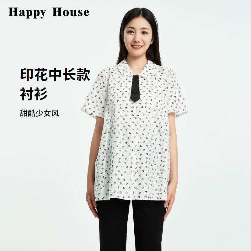 快乐屋孕妇A字飘带印花中长款衬衫夏装孕妇上衣时尚孕妇短袖纯棉