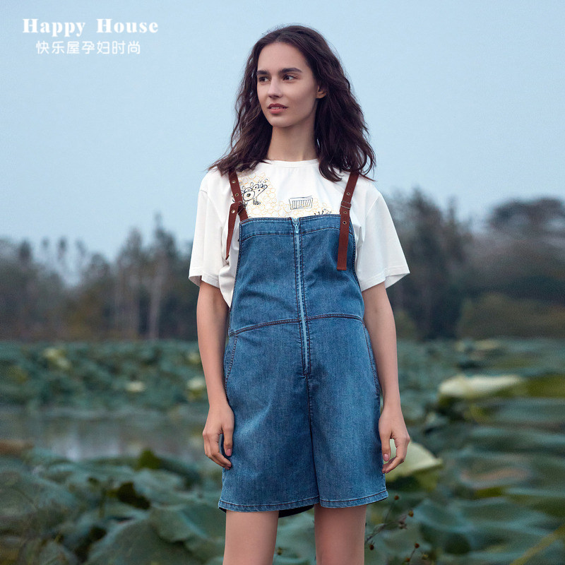 快乐屋孕妇弹力休闲牛仔背带短裤2026新款夏装潮妈外穿孕妇短裤夏