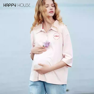 款 快乐屋孕妇polo衫 上衣春秋时尚 针织七分袖 孕妇T恤秋 2025孕妇装