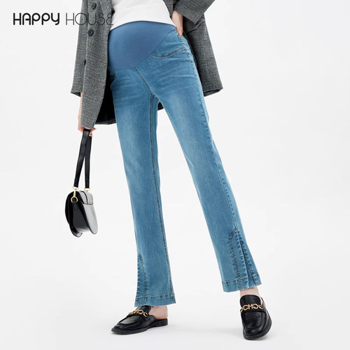 快乐屋开叉直筒裤弹力孕妇牛仔裤