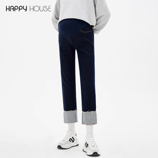 怀孕期秋装 快乐屋孕妇牛仔裤 宽松翻边显瘦直筒裤 大码 春夏弹力长裤