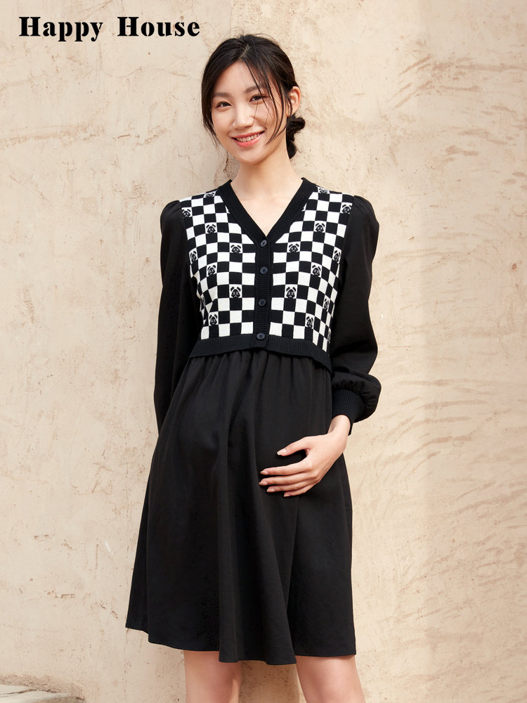 HAPPY HOUSE FASHION STITCHING MATERNITY DRESS LONG SKIRT 2025 NEW AUTUMN WINTER MATERNITY DRESS TIDE MOM MATERNITY WINTER DRESS
