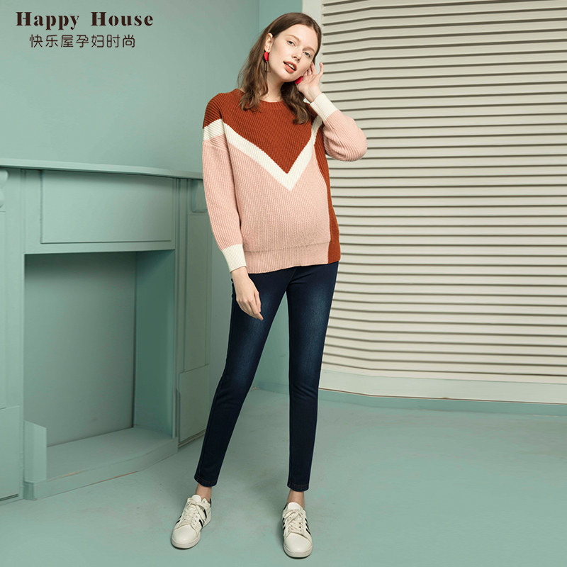 해피 하우스 출산 스웨터 2024 새로운 대비 색 울 스웨터 겨울 루즈 스타일 겨울 BOTTOMING TOP SHORT