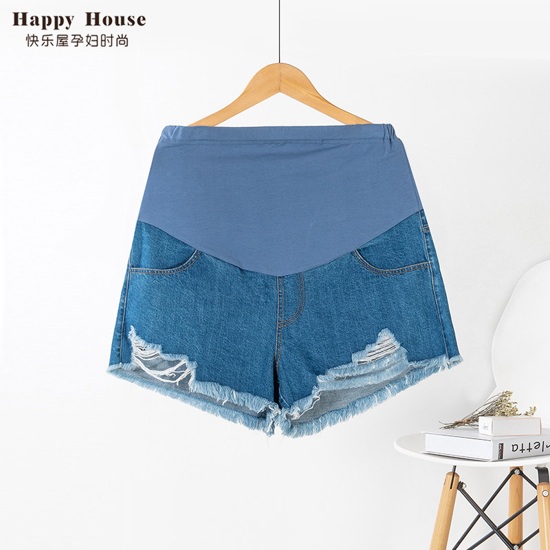 快乐屋孕妇牛仔短裤2023夏季新款破洞毛边宽松时尚薄款托腹短裤