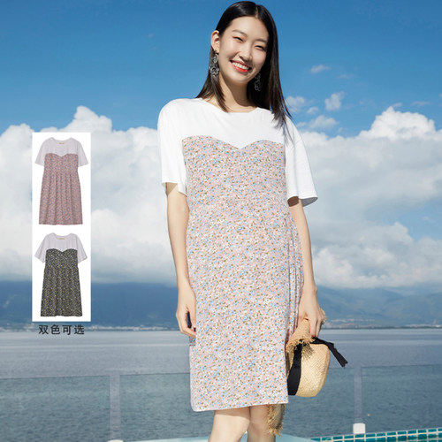 快乐屋宽松拼接孕妇碎花连衣裙