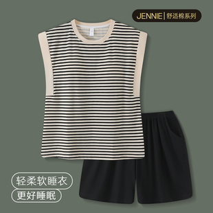 背心短裤 纯棉薄款 条纹无袖 可外穿家居服套装 睡衣女款 2025新款 夏季