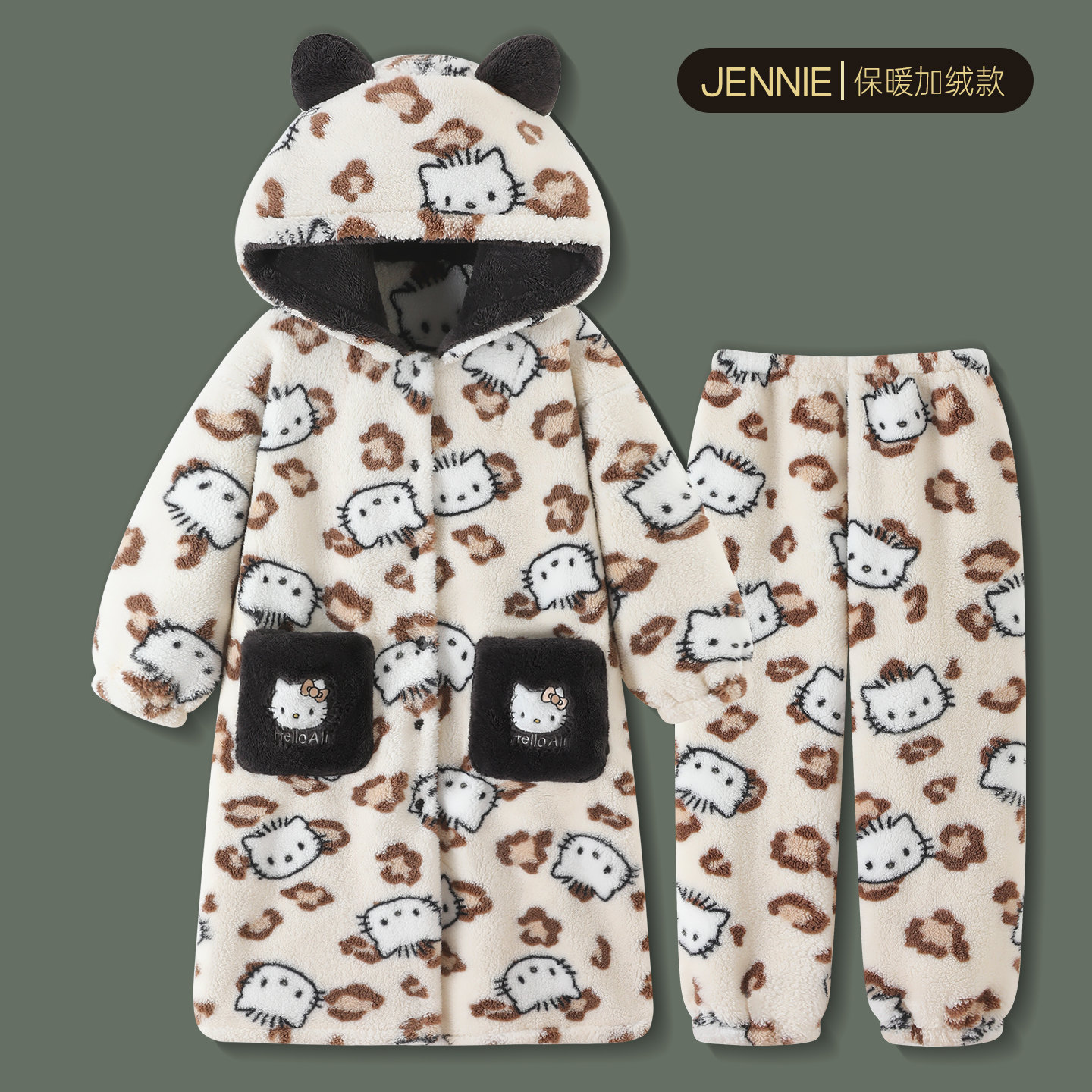 珊瑚绒睡衣女款冬季连帽毛绒睡袍