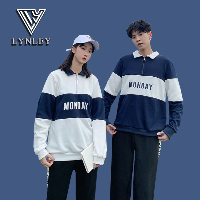 网红店情侣装秋季polo字母拼接长袖卫衣男女炸街套装学生班服定制