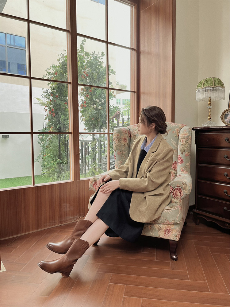 ZACHPENG2023 겨울 첼시 부츠 미드 커프 다재다능한 마틴 나이트 부츠  가죽 레트로 웨스턴 카우보이 부츠 롱