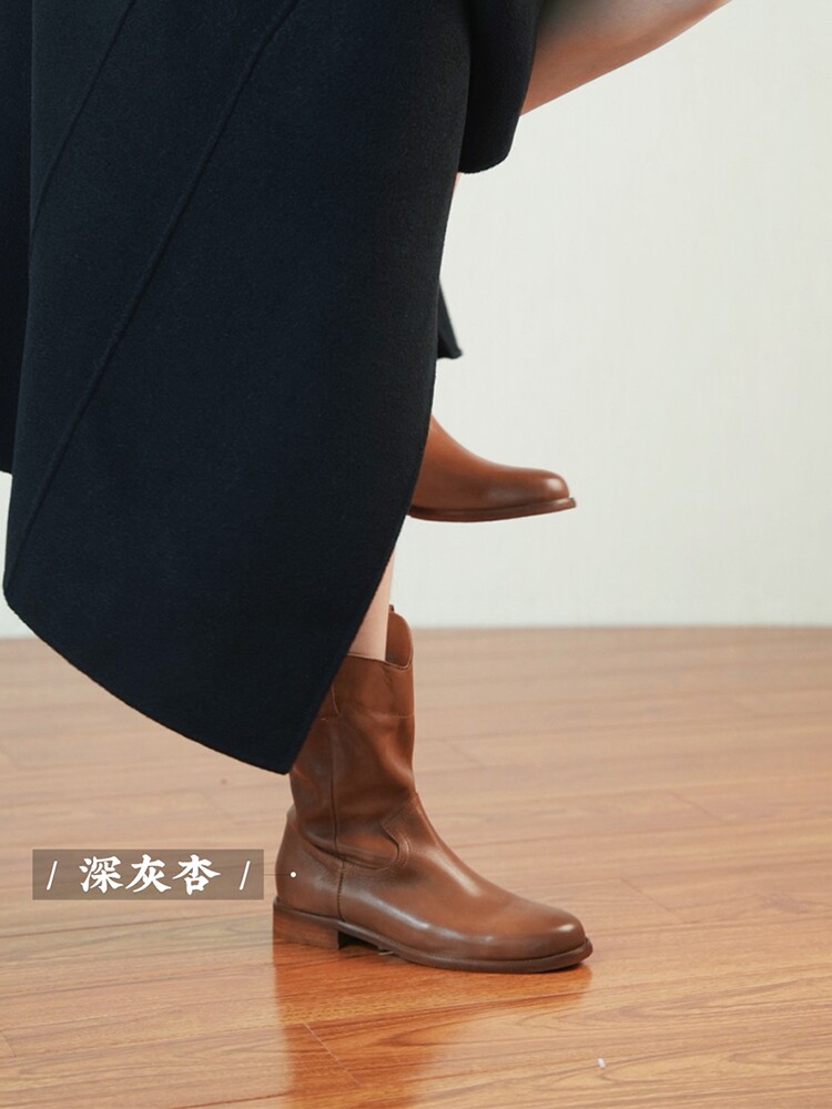 ZACHPENG2023 겨울 첼시 부츠 미드 커프 다재다능한 마틴 나이트 부츠  가죽 레트로 웨스턴 카우보이 부츠 롱