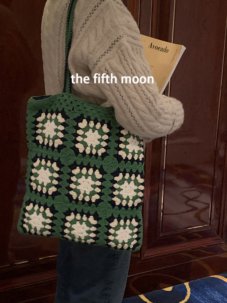 thefifthmoon复古撞色休闲小众编织棉线钩织包单肩手提袋
