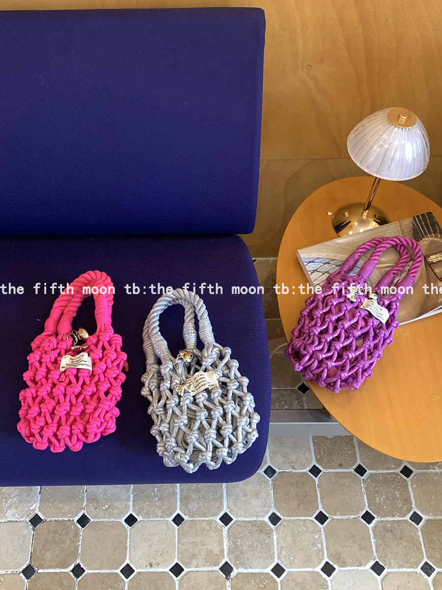 thefifthmoon韩系闪亮少女亮色ins风镂空手工编织手拎包紫色包