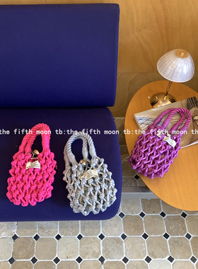 thefifthmoon韩系闪亮少女亮色ins风镂空手工编织手拎包紫色包