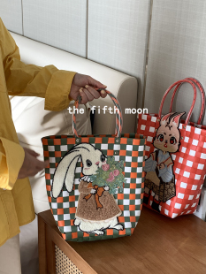 thefifthmoon可爱卡通敞口刺绣贴编织篮大容量塑料篮手提篮菜篮子