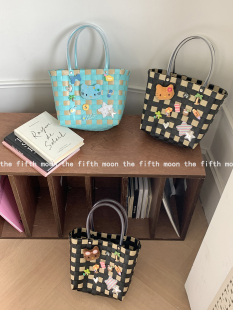 thefifthmoon可爱黑皮KT夏日装 饰手工编织篮手提篮拍照好看