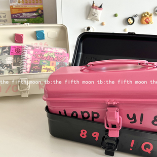 thefifthmoon大容量ins风简约芭比粉黑白杂物卡片桌面收纳铁盒