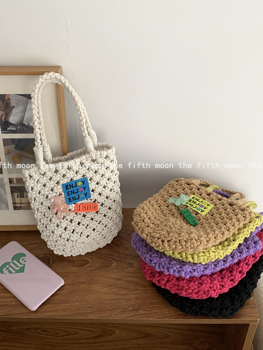 thefifthmoon可爱小熊撞色手工镂空编织手提小水桶包休闲日常包