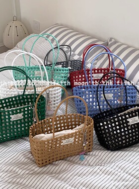 thefifthmoon夏日韩式复古简约布标镂空菜篮子沙滩篮子拍照好看