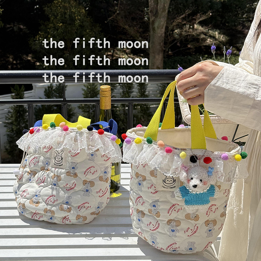 thefifthmoon可爱卷毛小狗手工花边球球绗缝手提包斜挎包