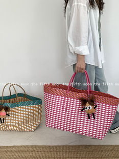 thefifthmoon敲大容量敲能装 撞色格子编织手提包托特出行包宠物包