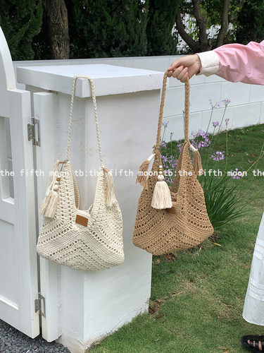 棉绳编织包镂空单肩包拍照