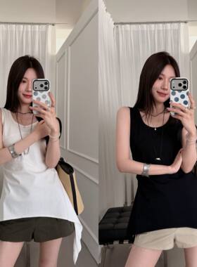 不规则设计感飘带显瘦百搭白色背心女生小资无袖绝美挂脖吊带上衣