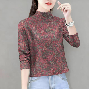 半高领气质百搭秋装女领长袖打底衫新款内搭外穿印花遮肚T恤女