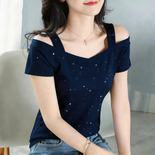2026夏季V领短袖亮片T恤衫纯色韩版百搭宽松显瘦露肩上衣女大码