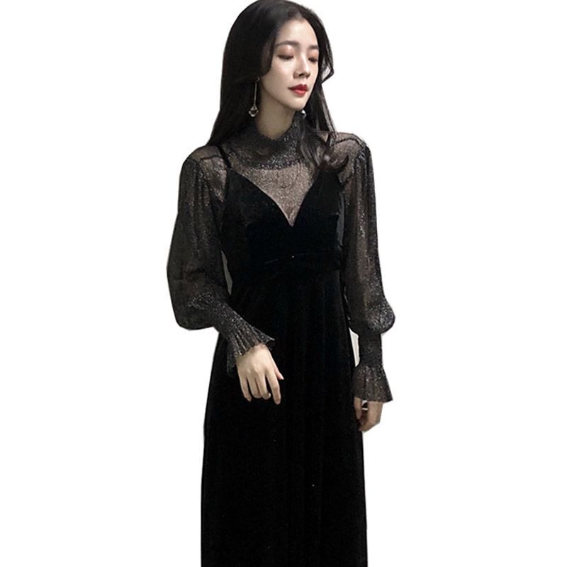 金丝绒蛋糕吊带连衣裙2021秋冬新款套装长裙女性感御姐风气质高档