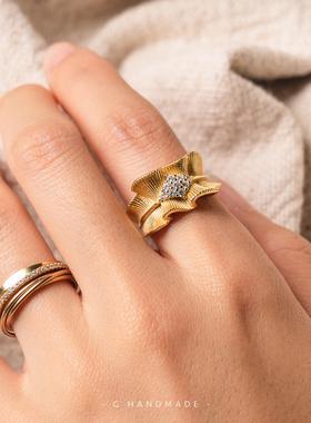 G HANDMADE 意大利拉丝工艺布家戒指925纯银带钻开口戒均码奢华