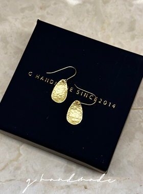 G HANDMADE 镀18k金手工感锤纹耳挂925纯银耳钩钉水滴薄片