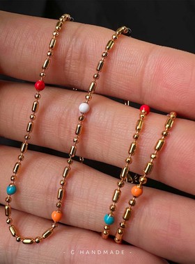 彩色珐琅豆豆黄铜镀金锁骨链