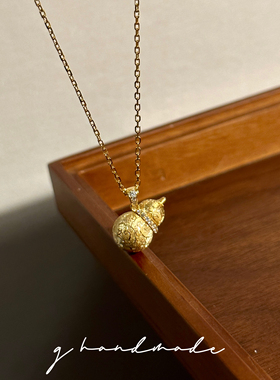 G HANDMADE 新中式祥云精雕拉丝葫芦925纯银镀金吊坠锁骨链项链