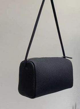 韩国东大门STATEMENT同款荔枝纹牛皮极简拉链笔袋小方桶手提包