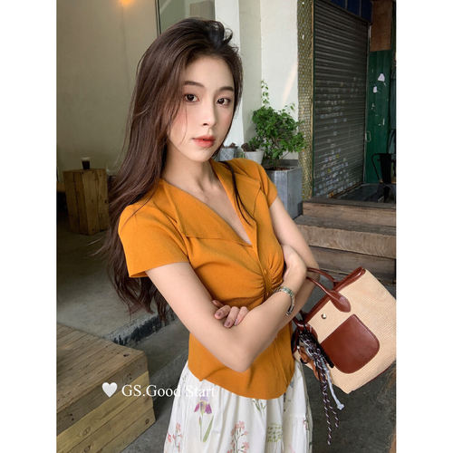 云老板十三行夏日橘色韩系通勤百搭V领针织衫掐腰小衫上衣女装
