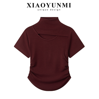 小云米纯欲甜辣妹不规则半高领短袖t恤女2025年秋季新款红色上衣