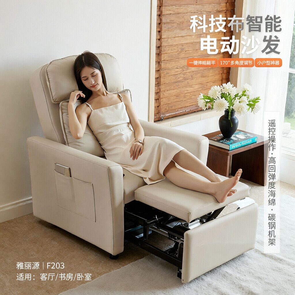 科技布小户型单人智能电动折叠沙发两用伸缩功能护理午睡休闲躺椅