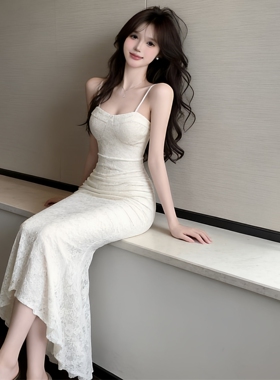 蕾丝拼接抹胸吊带连衣裙女夏性感收腰不规则女士鱼尾高腰礼服长裙
