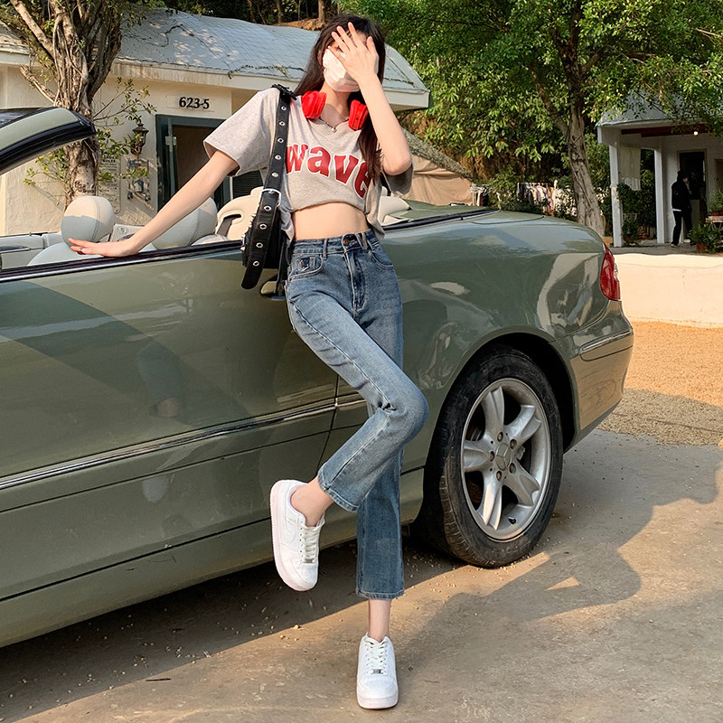 小个子直筒高腰浅色水洗复古九分牛仔裤女夏季2024年新款韩版修身