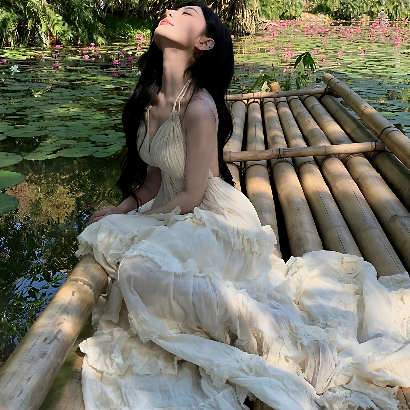 女士海边度假挂脖式吊带连衣裙仙女性感荷叶边露背高腰蛋糕长裙