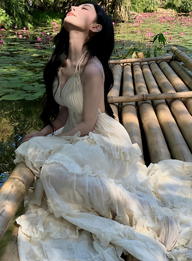 女士海边度假挂脖式吊带连衣裙仙女性感荷叶边露背高腰蛋糕长裙