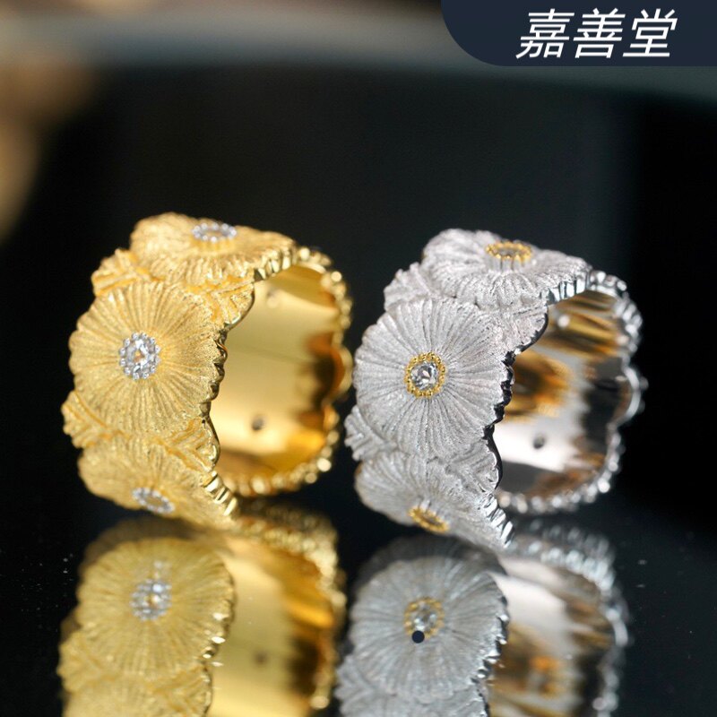嘉善堂S925银重工版意大利手工拉丝小雏菊镶托帕石开口戒指男女戒