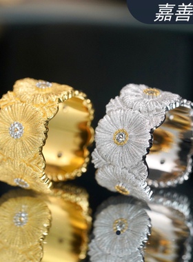 嘉善堂S925银重工版意大利手工拉丝小雏菊镶托帕石开口戒指男女戒