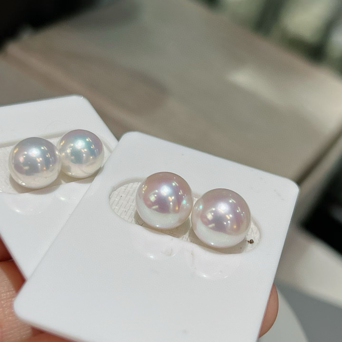 特选淡水AK珍珠8-9极光媲美海水akoya珠光18k金青粉光高品质耳钉