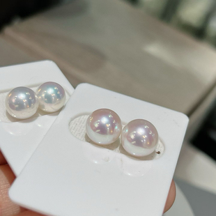 特选淡水AK珍珠8-9极光媲美海水akoya珠光18k金青粉光高品质耳钉