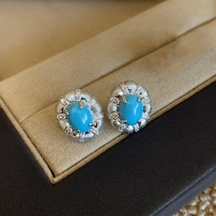 睡美人S925银拉丝意大利k金工艺绿松石显白耳钉椭圆耳环项链复古