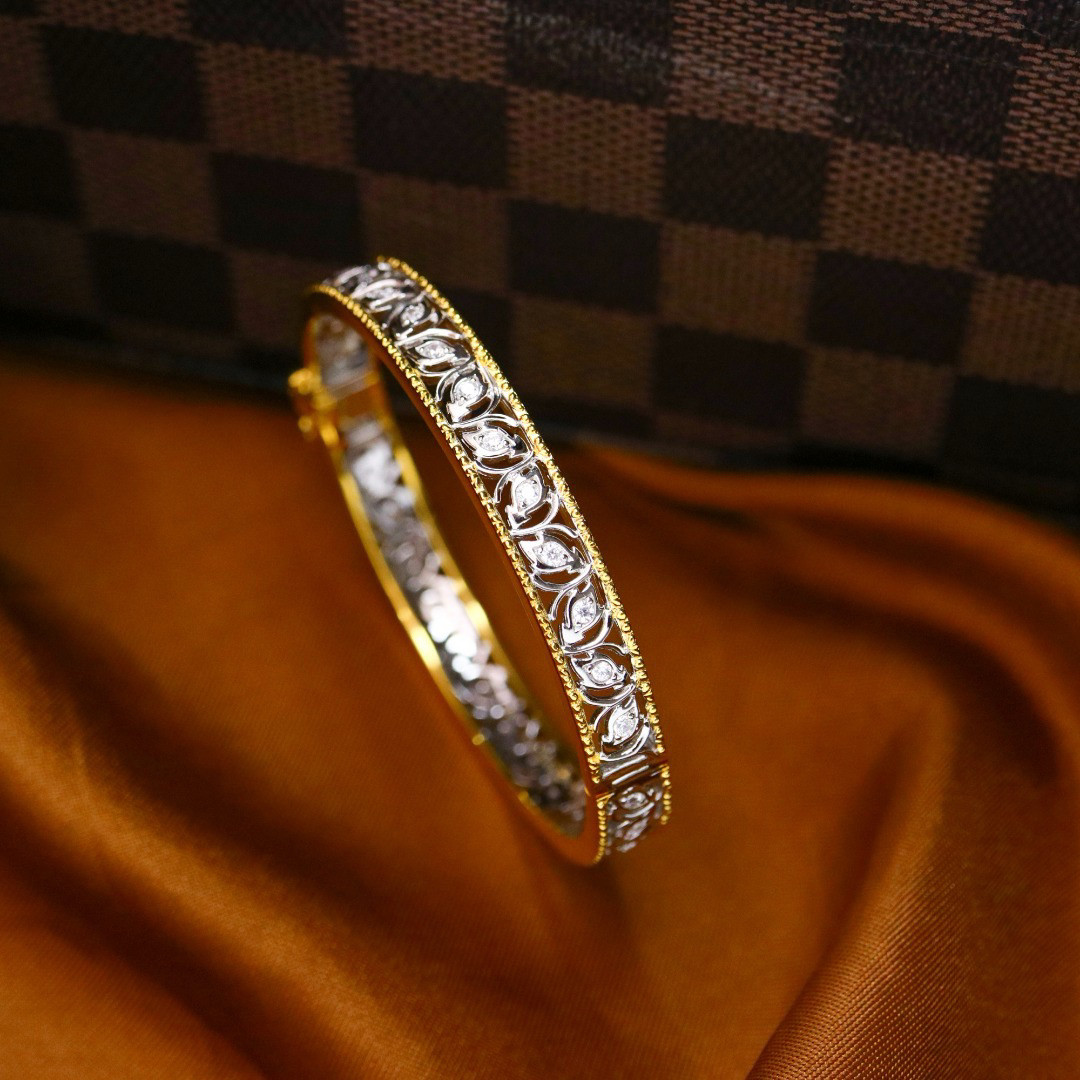 欧美复古意大利精工拉丝工艺s925纯银镀金奢华织金镂空镶锆石手镯